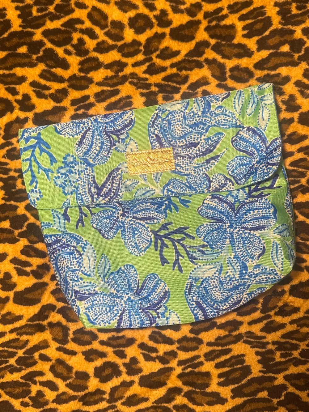 Lilly Pulitzer Green Canvas Pouch with Blue Floral Print